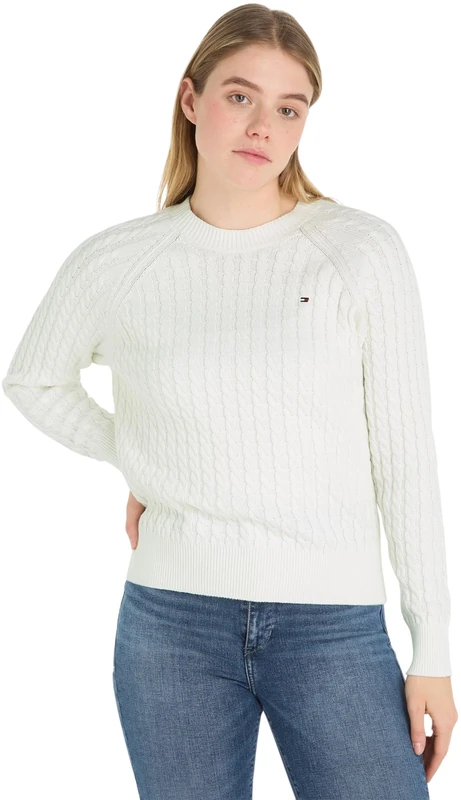 Tommy Hilfiger Women Co Cable C-Nk Sweater Pullovers, White, L
