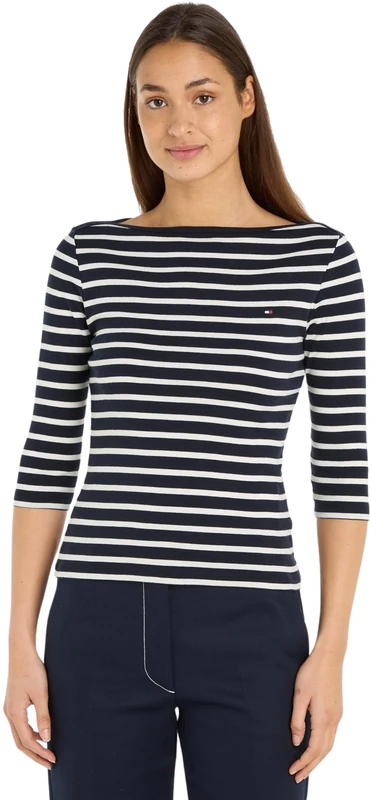 Tommy Hilfiger Women’s Long Sleeve Slim Fit New Cody Top with Boat Neck, Multicolor (Breton STP/Desert Sky/Ecru), XXS