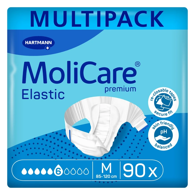 MoliCare Premium Elastic Adult Nappies – 6 Drops | High-Absorbency Disposable Diapers for Men and Women with Severe Incontinence| Size M | 3 Packs of 30 (90 Pieces)