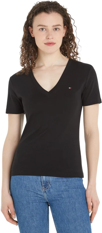 Tommy Hilfiger Women’s Short Sleeve T-Shirt New Slim Cody V-Neck, Black (Black), XL