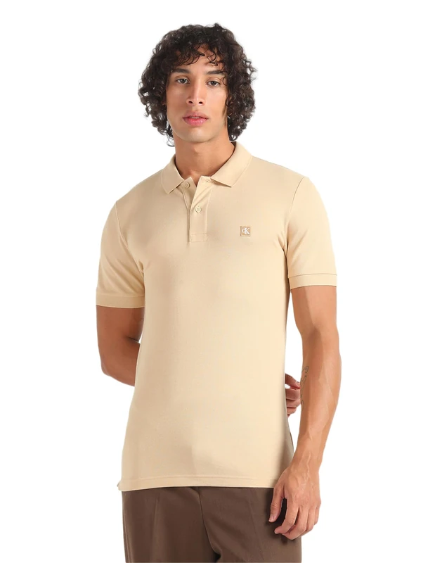 Calvin Klein Jeans Men CK Embro Badge Slim Polo S/S Polos Beige, S - Image 1