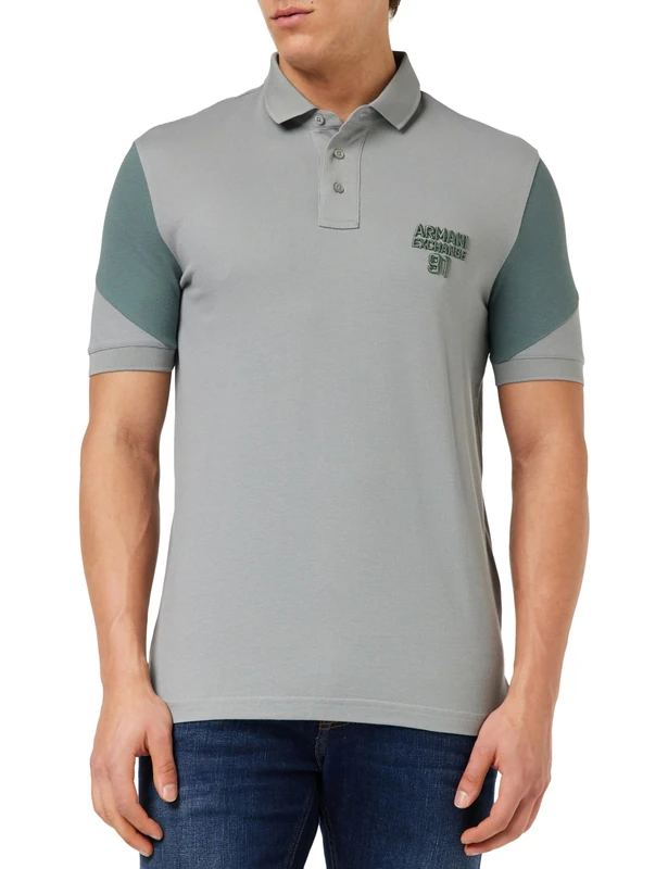 Armani Exchange Men's Short Sleeve Colour Block 91 Branded Polo, Light Grey, L, Light Grey, XS