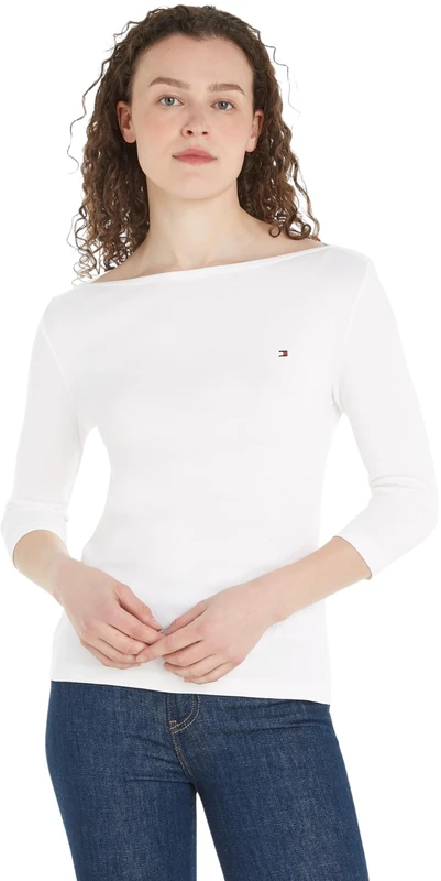 Tommy Hilfiger Women’s Long Sleeve Slim Fit New Cody Top with Boat Neck, White (Ecru), XXS