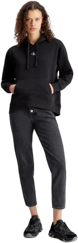 Calvin Klein Jeans Women Woven Label Oversized Hoodie Sweatshirts Black, L