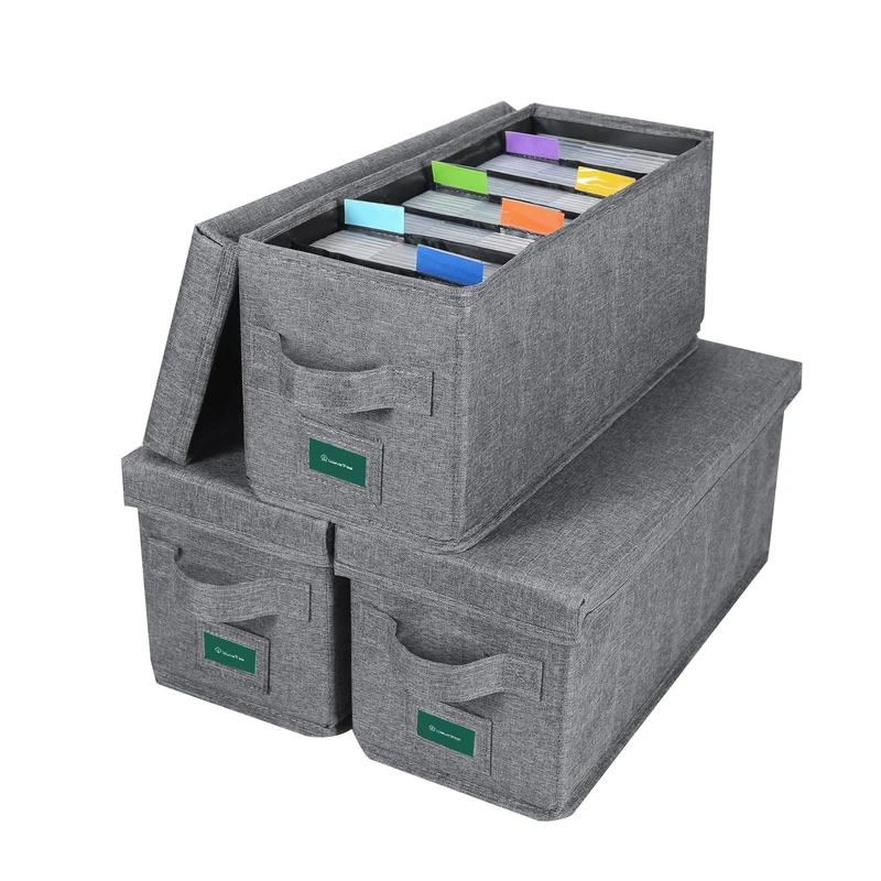 T WaveTree CD Storage Box with Lid Pack of 3, Durable CD Case Holder Organizer with Index Labels, 14.6 x 5.7 x 6.1 Inches CD Storage Case to Store up to 95 CDs Jewel Cases, and 579 Discs- Grey