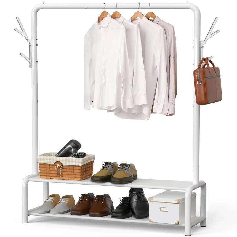 Simple Houseware 52-Inch Garment Rack with Storage Shelves and Coat/Hat Hooks, Freestanding Clothing Organizer, White