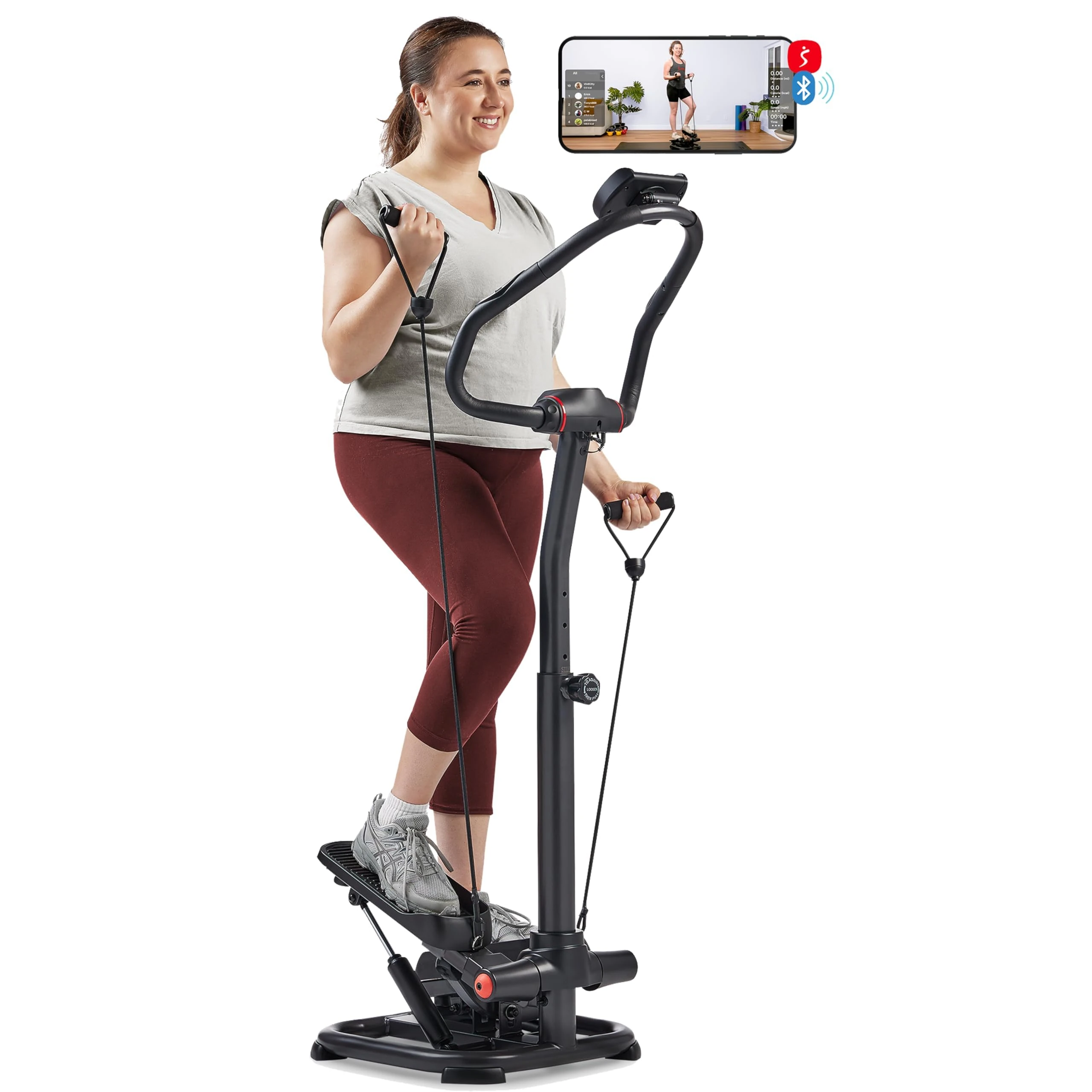 Sunny Health & Fitness 2-in-1 Power Stepper with Resistant Bands & Handlebar, Low-Impact Cardio, Height Adjustable, 330 LB Max & SunnyFit® App Enhanced Bluetooth Connectivity SF-S021055