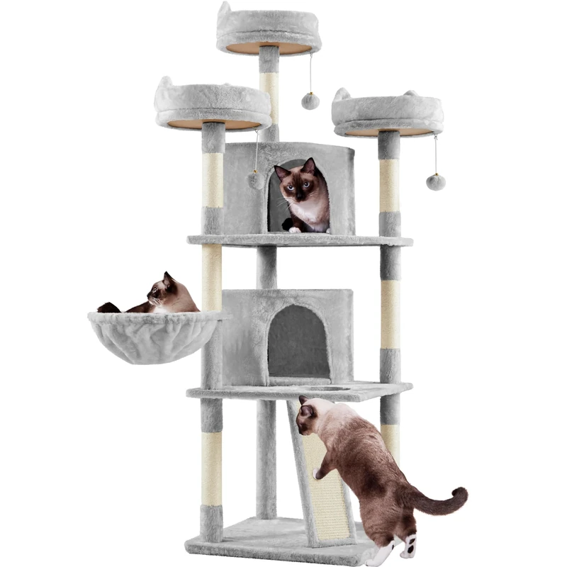 Yaheetech 175cm Multi-Level Cat Tree, Large Climbing Tower with Sisal-Covered Platforms Scratching Board & Scratching Posts, Cozy Perches, Stable Pet Bed Furniture for Indoor Cats/Kittens, Light Grey