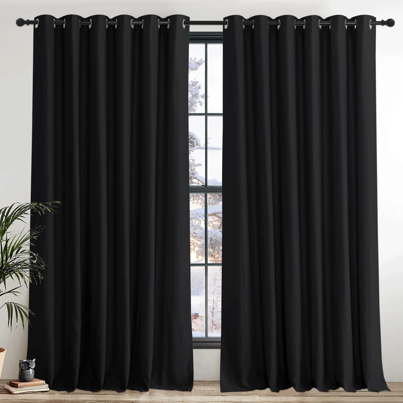 PONY DANCE Blackout Black Curtains for Bedroom - Thermal Insulated Curtains with Eyelet 2 Panels, 90 Inch Width x 90 Inch Drop Noise Reducing Energy Saving Drapes for Living Room/Hotel