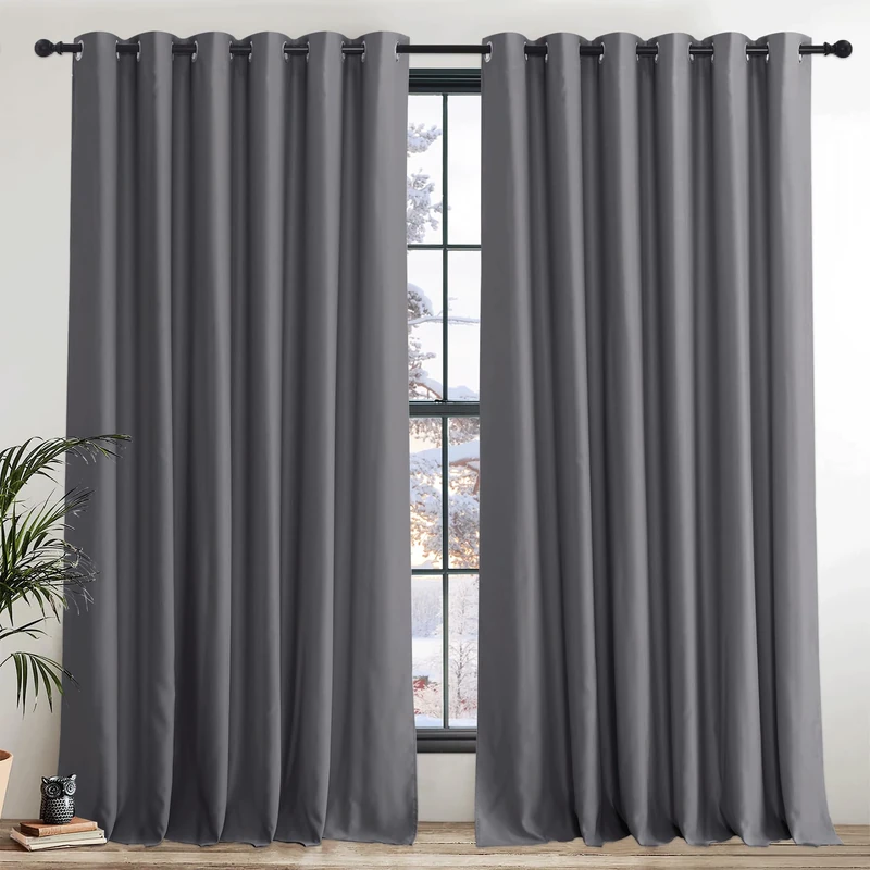 PONY DANCE Blackout Curtains for Bedroom - Grey Thermal Insulated Curtains with Eyelet 2 Panels, 90 Inch Width x 90 Inch Drop Noise Reducing Energy Saving Drapes for Living Room/Hotel,Gray