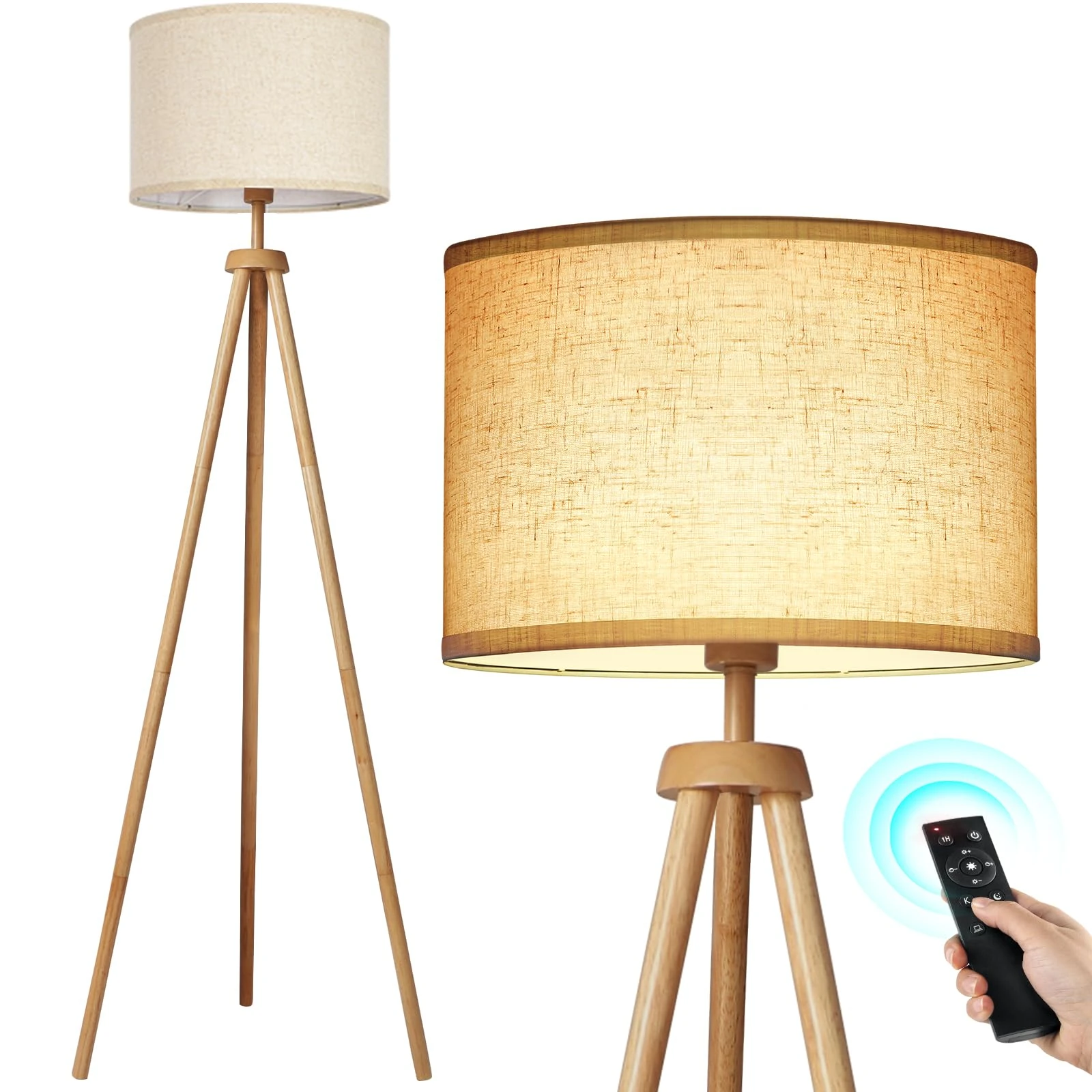 OUTON Solid Wooden Tripod Floor Lamp, Dimmable LED Standing Lamp with Remote Control & 4 Color Temperatures, 1H Timer, Floor Lamp with Linen Shade for Living Room Bedroom(Blub Included), Wood