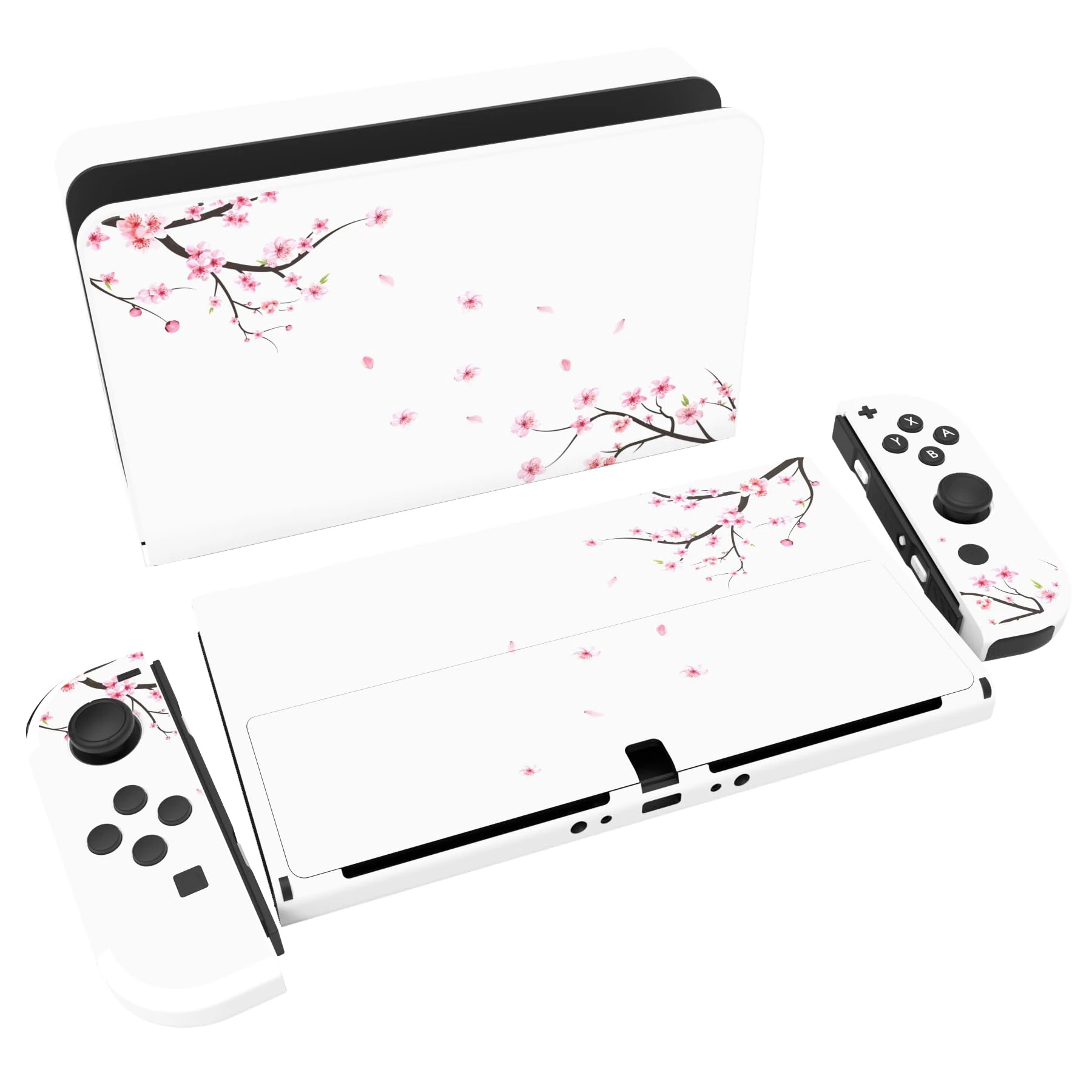 playvital Full Set Protective Stickers for Nintendo Switch OLED Model, Customized Vinyl Decal Skins for Switch OLED Console & Joycon & Dock & Grip - Falling Cherry Blossom