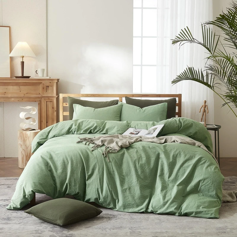 AMWAN Soft Sage Green Duvet Cover Twin 3 Piece Washed Cotton Bedding Sets Simple Style Light Green Comforter Cover Breathable Cotton Green Bedding Duvet Cover, Twin(68''x86'')