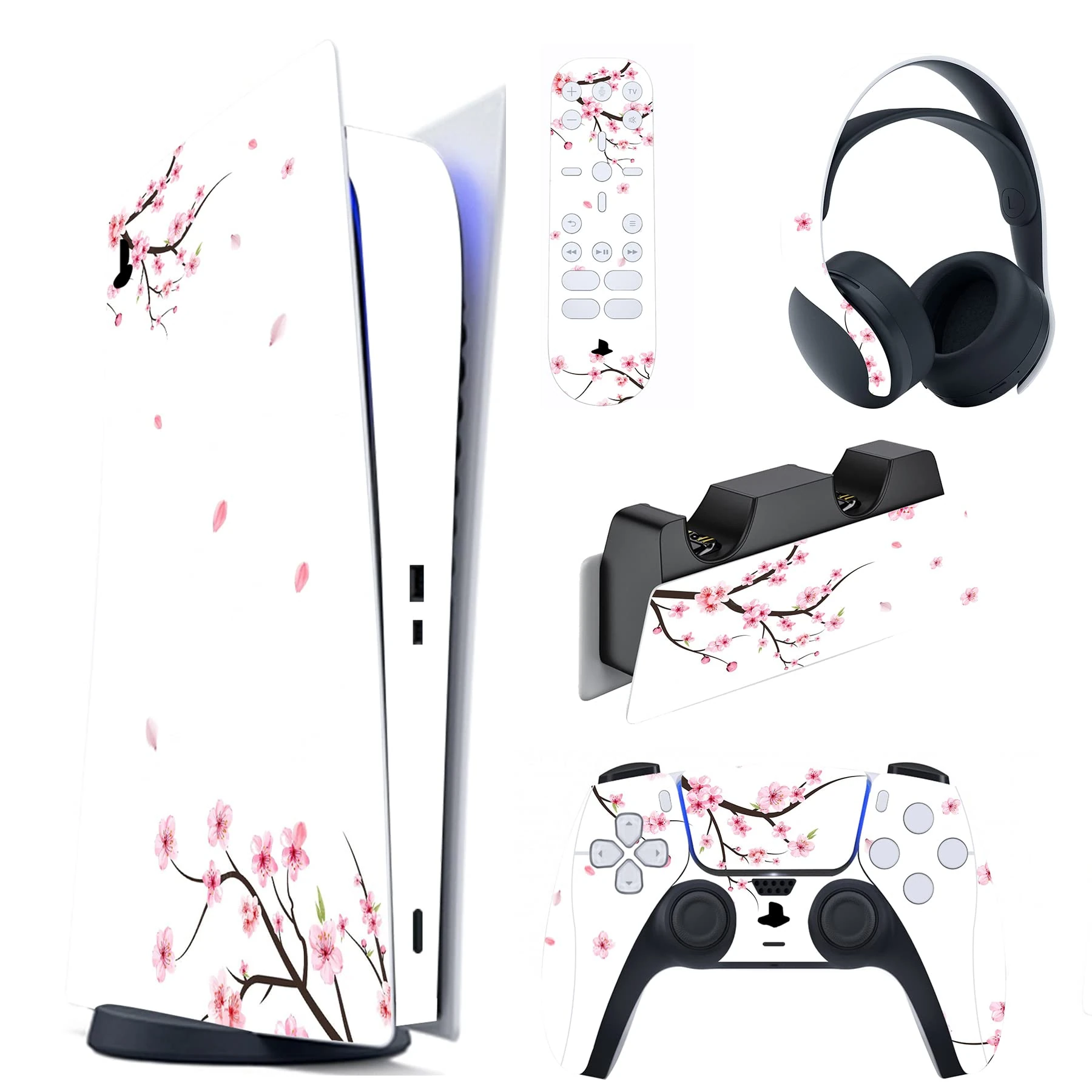playvital Full Set Skin Decal for ps5 Console Digital Edition, Sticker Vinyl Decal Cover for ps5 Controller & Charging Station & Headset & Media Remote - Falling Cherry Blossom