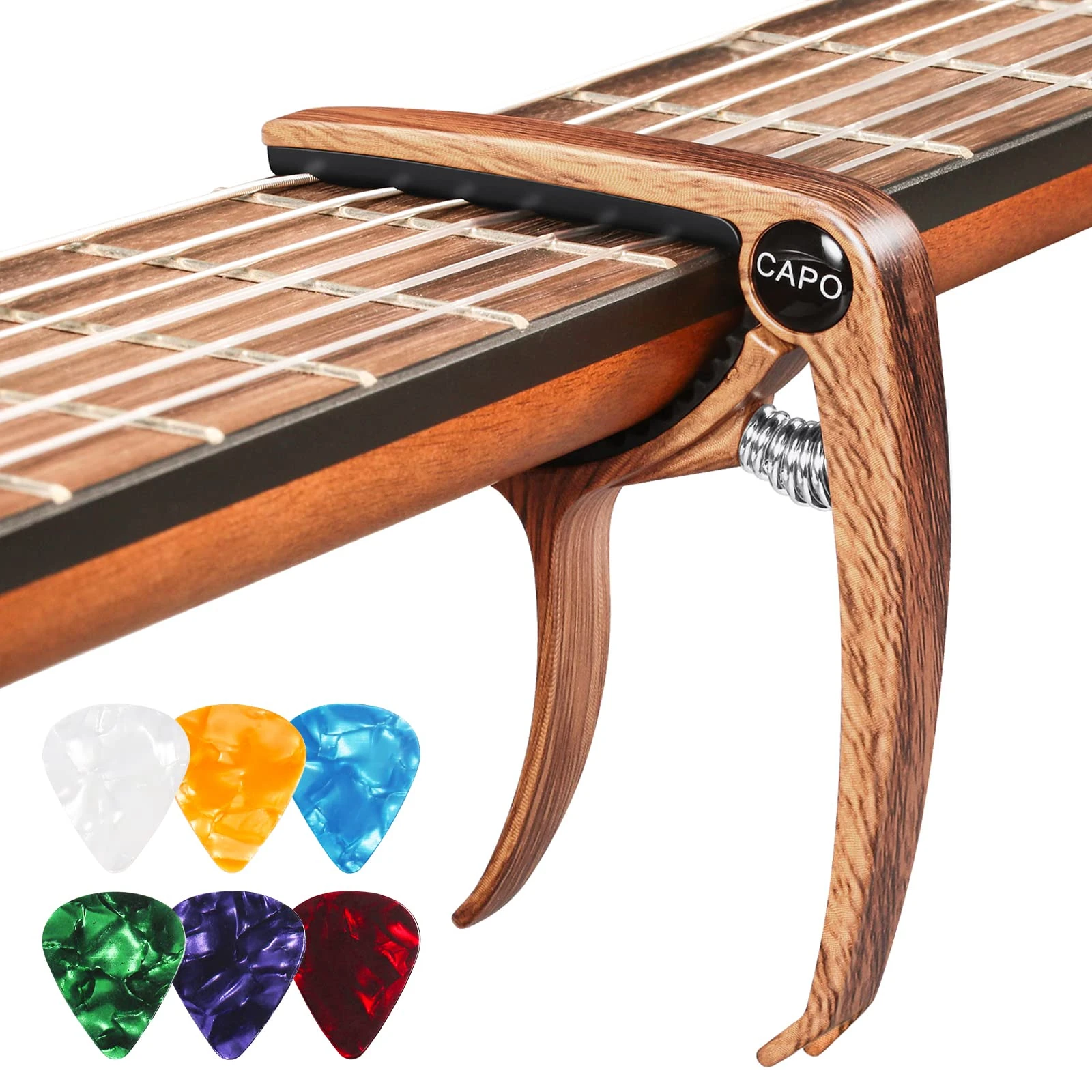 Guitar Capo for Acoustic, Electric, Ukulele - Metal Wood Capo with 6 Picks