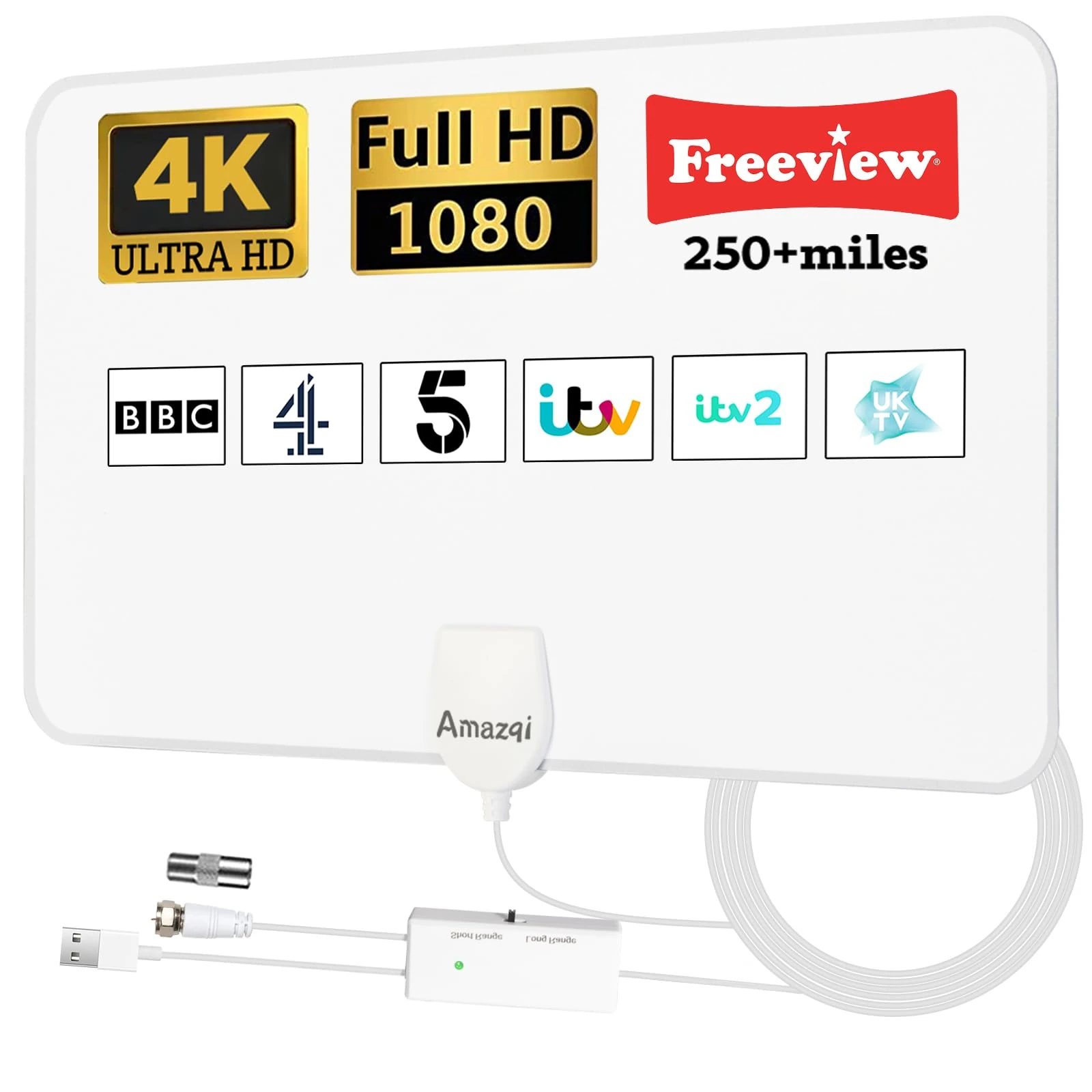 Amazqi TV Aerial Indoor 250+ Miles Long Range,Digital TV Aerial for Freeview TV,4K TV Antenna with Signal Booster and 5M Cable - for Local Channels - White
