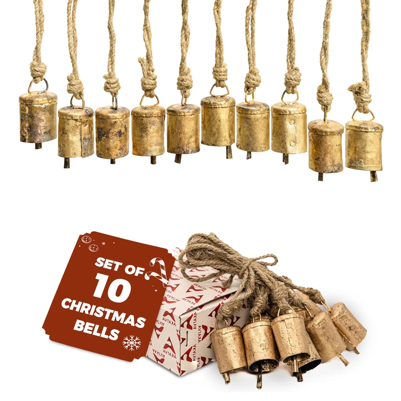 AKATVA Gold Christmas Ornaments Set – Vintage Christmas Decor for Tree – Gold Christmas Bells – Christmas Tree Ornaments for Holiday Season – Rustic Bells Hanging Ornaments – Set of 10 Pieces