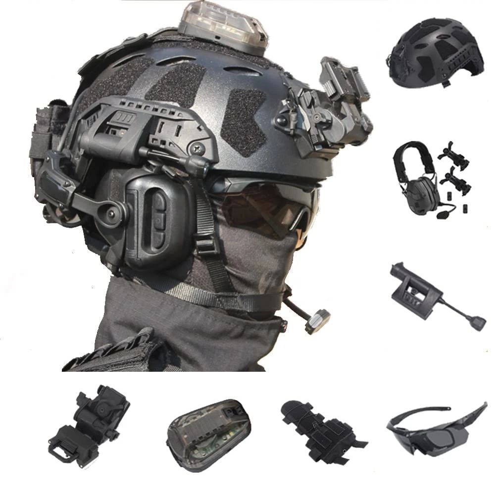 XLLYBZ Tactical Fast Helmet Set, with Tactical Multifunctional NVG Mount, EPP Pad, for Outdoor CS Paintball Hunting Cosplay Halloween (Color : Black, Size : D)