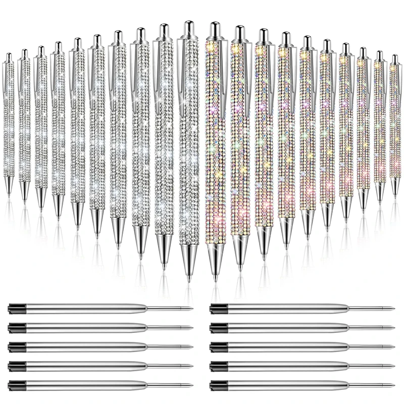 ZSMKJIAYE 20 PCS Bling Pens Bulk Metal Ballpoint Pens Diamond Pen Crystal Press Retractable Black Ink 0.7mm Ballpoint Pens For Women Office Meeting Birthday Supplies Women Gifts (Silver and Color)…