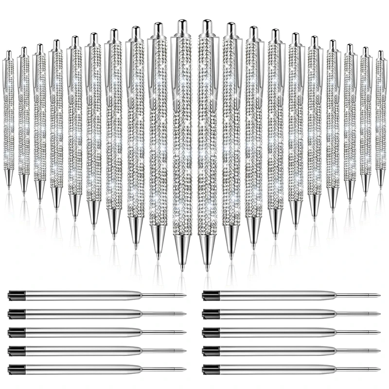 ZSMKJIAYE 20 PCS Bling Pens Bulk Metal Ballpoint Pens Diamond Pen Crystal Press Retractable Black Ink 0.7mm Ballpoint Pens For Women Office Meeting Birthday Supplies Women Gifts (Silver)