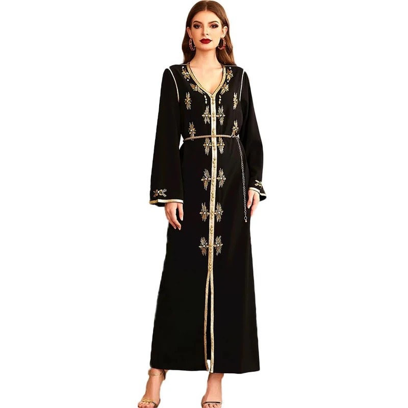 PolyJolly Handmade Bead Abaya Dress for Women Dubai Sadui Fancy Moroccan Kaftan Wedding Attire Collection, Black-10, L