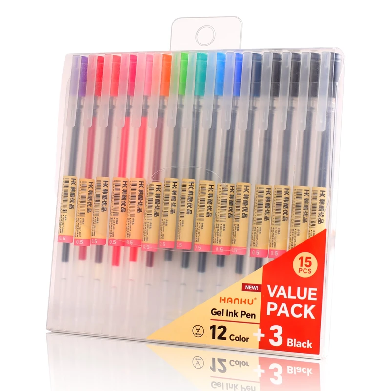 HANKU 15Pcs Multicolor Roller Ball Pens, 0.5mm Fine Point, Quick Dry, Japanese Style, Ambidextrous, Writing, Journaling, Note Taking