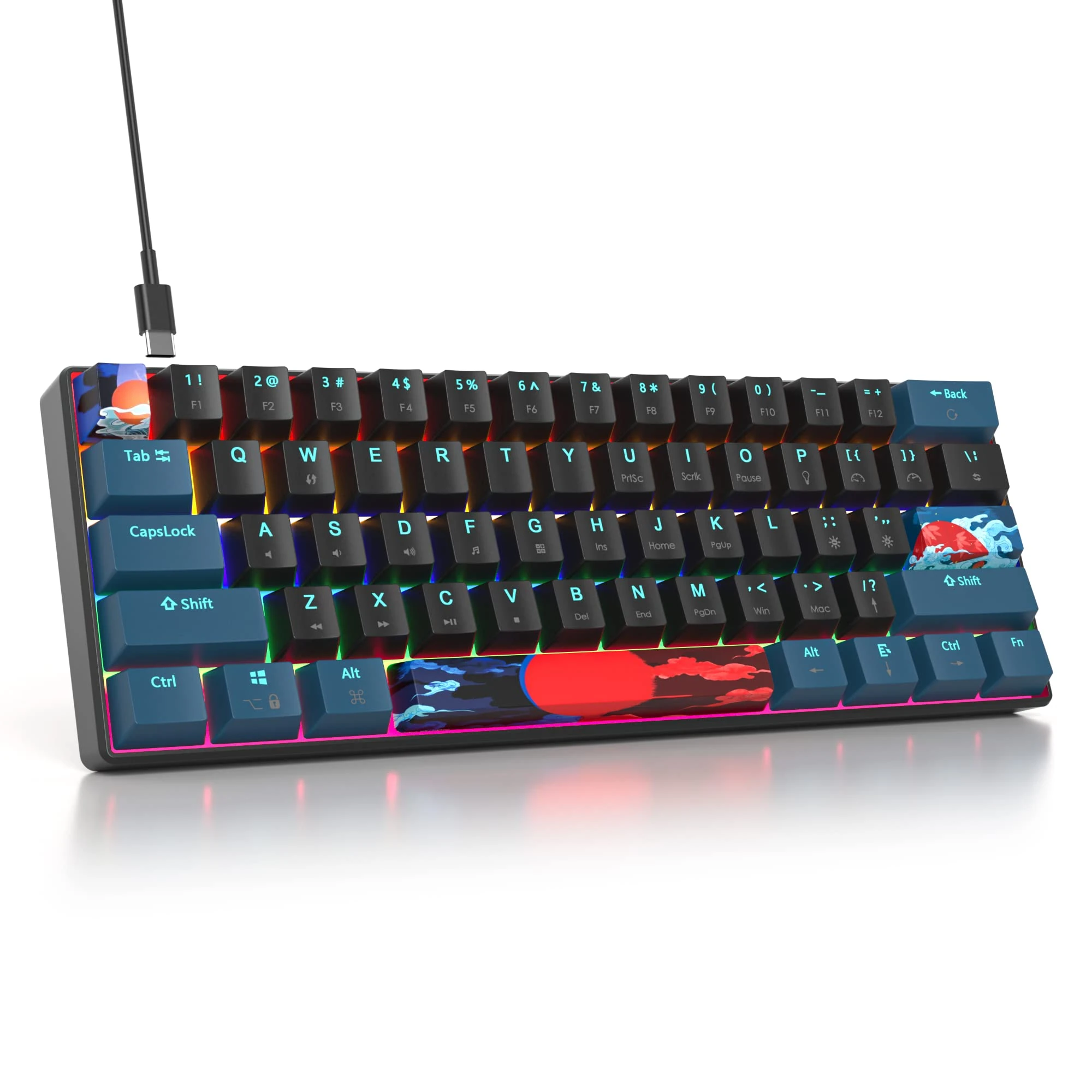 Mosptnspg Protable 60% Percent Mixed Light Rainbow Gaming Keyboard Mechanical, Mini Compact 61 Keys Wired Office Keyboard with red Switch for Mac/Win/ps4/ps5/xbox (Monstor Black/red Switch 61)