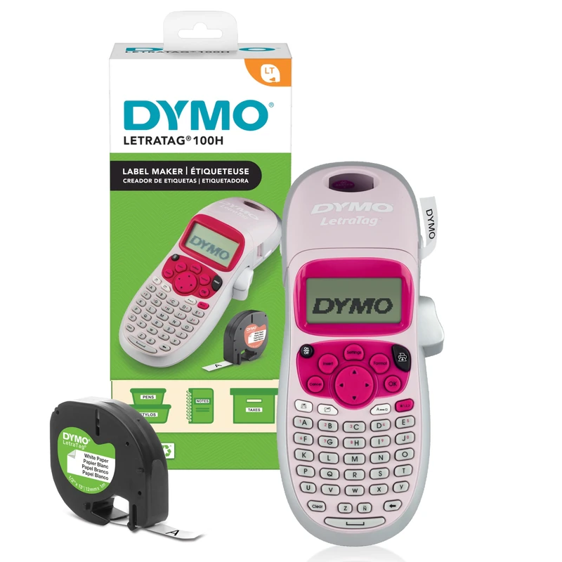 Dymo LetraTag LT-100H Handheld Label Maker | ABC Keyboard Label Printer with Easy-to-Use13 Character LCD Screen | Great for Home & Office Organisation | Pink