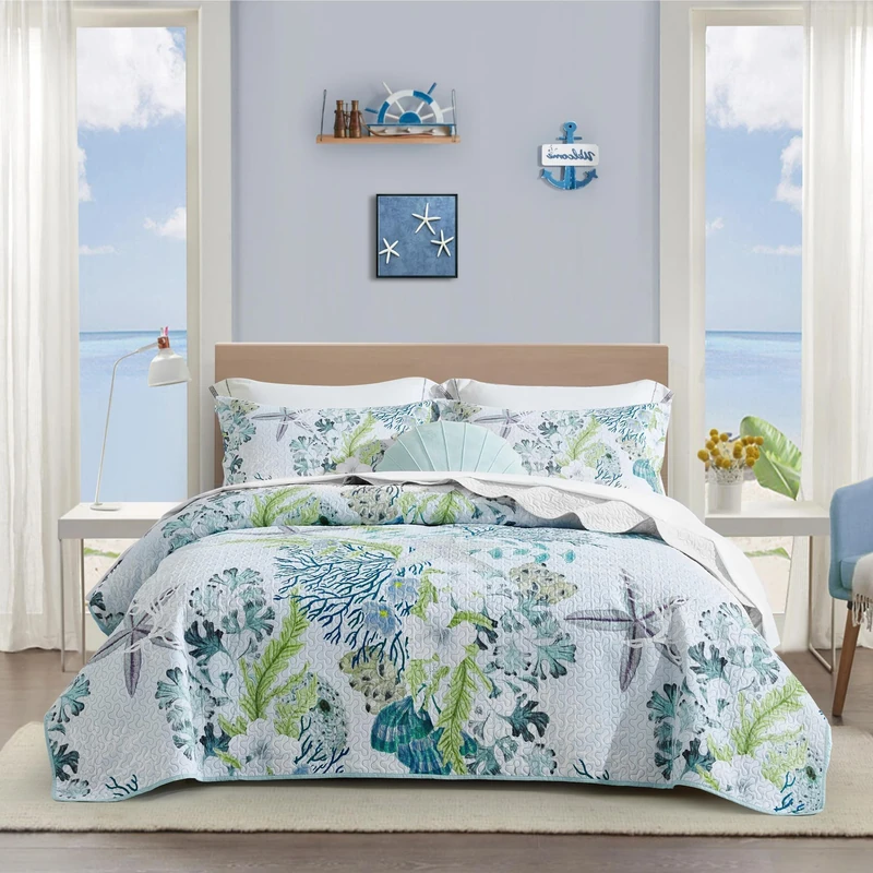 Tritard 3 Piece Coastal Beach Quilt Set King Size Ocean Beach Themed Bedding Set Microfiber Lightweight Bedspread Coverlet with 2 Shams Starfish Coral Seashell Bed Covers for All Season, 106''x96''