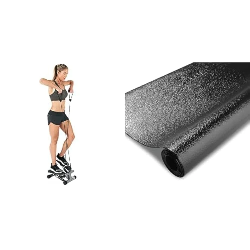 Sunny Health & Fitness Mini Stepper Machine with Resistance Bands, Air Climber Stepping Fitness Machine for Home Workout+ Sunny Health and Fitness Equipment Mat -Extra Small - NO. 074-XS