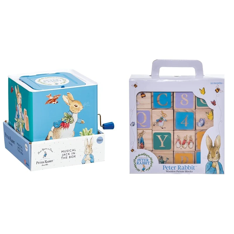 Peter Rabbit Jack in the Box & Official Peter Rabbit Wooden Building Blocks - Early Development Activity Toys for Toddlers - Beatrix Potter Stacking Bricks by Rainbow Designs