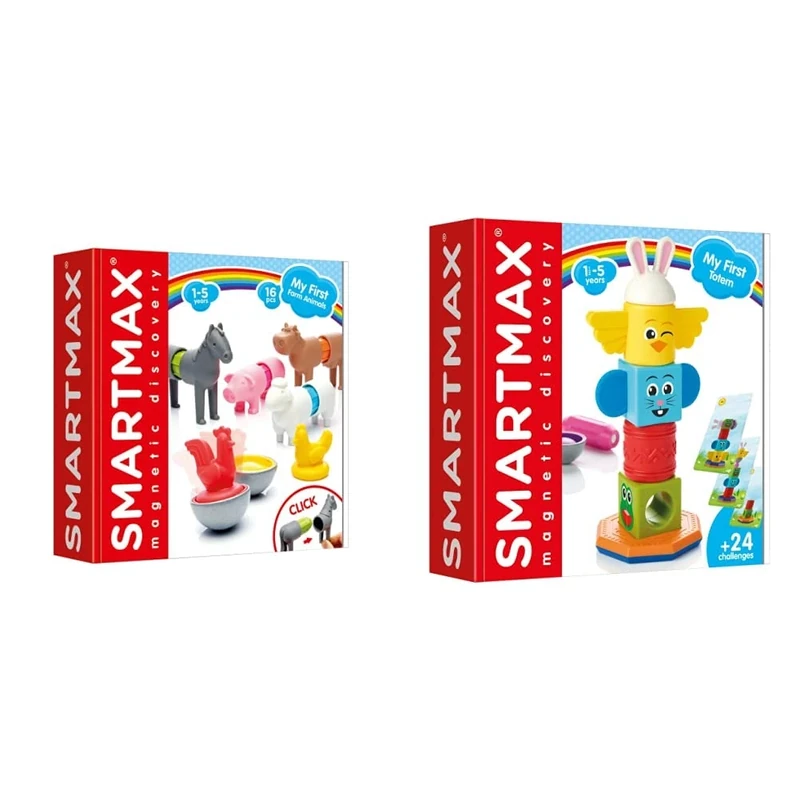 SMARTMAX - My First Farm Animals, Magnetic Discovery Play Set, 16 pieces, 1-5 Years & - My First Totem, Magnetic Discovery Play Set with 24 Challenges, 7 pieces, 1 1/5-5 Years