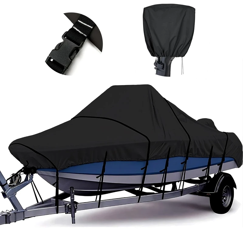 Tuszom Fully 900D 100% Waterproof Center Console Boat Cover with Motor Cover, Tear-Proof Trailerable Boat Cover for Center Console Boat with 13-19 Windproof Straps (Black, 16' - 18.5''L, UP to 98" W)