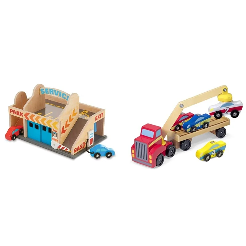 Melissa & Doug Service Station Parking Garage | Wooden Vehicle | Pretend Play | 3+ | Gift for Boy or Girl & Wooden Car Transporter Toy Truck