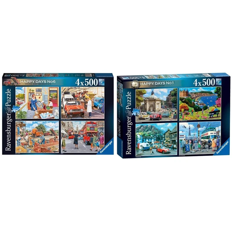 Ravensburger Happy Days Collection No.6 Nostalgic Work Day Memories 4x 500 Piece Age 10 Years Up & Happy Days Collection No.1 Look North 4x 500 Piece Jigsaw Puzzle 10 Years Up
