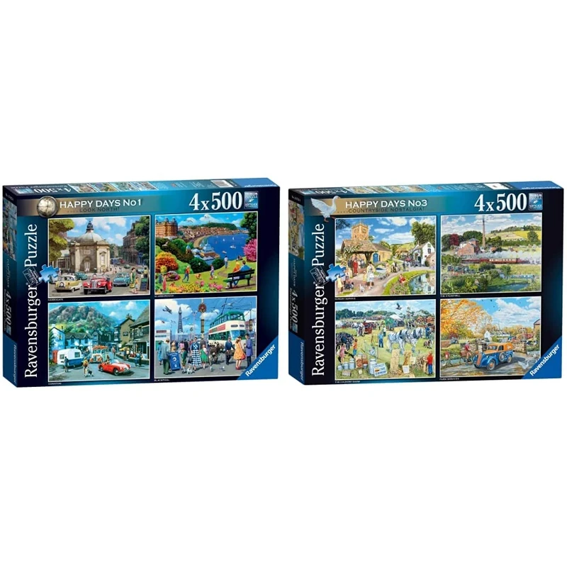 Ravensburger Happy Days Collection No.1 Look North 4x 500 Piece Jigsaw Puzzle Age 10 Years Up & Happy Days No.3 Countryside Nostalgia 4x 500 Piece Jigsaw Puzzles for Adults and Kids Age 10 and Up