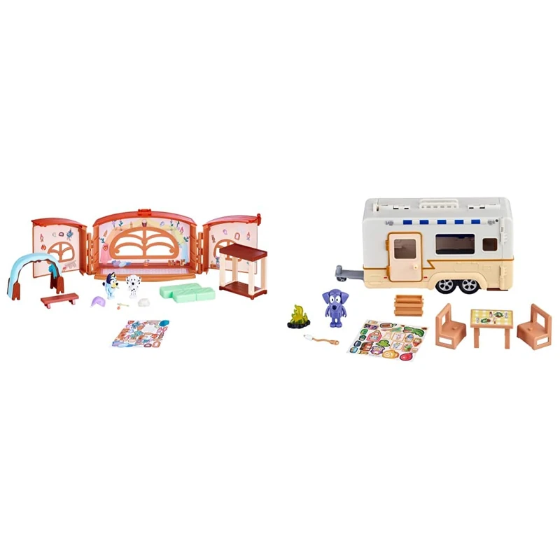 Bluey School Friends- Calypso's School Playset, 2.5-3%22 posable Figures Playset & 's Caravan Playset, 2.5-3 inch figures