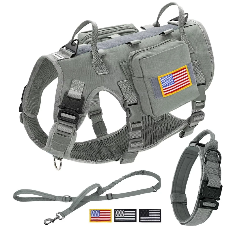 Forestpaw Tactical Dog Harness Collar Bungee Leash Set,M,Gray