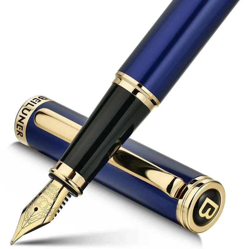 BEILUNER Luxury Fountain Pen, Stunning Piano Lacquer Finish with 24K Gold Accents Gilded Nib, Trustworthy Pen Gift for Men&Women with Ink Converter, Elegant Pen for Writing - Blue & Gold, Fine Nib