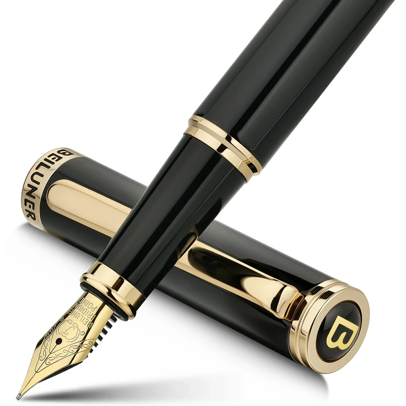 BEILUNER Luxury Fountain Pen, Stunning Piano Lacquer Finish with 24K Gold Accents Gilded Nib, Trustworthy Pen Gift for Men&Women with Ink Converter, Elegant Pen for Writing - Black & Gold, Fine Nib