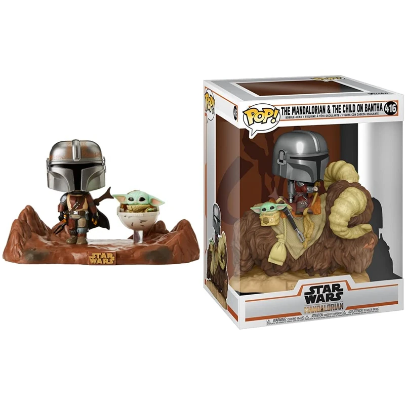 Funko 49930 POP Moment: Mandalorian-Mandalorian & Child Collectible Toy, Multicolour & 52373 POP Deluxe: The Mandalorian-Mando on Bantha w/Child in Bag Collectible Toy, Multicolour