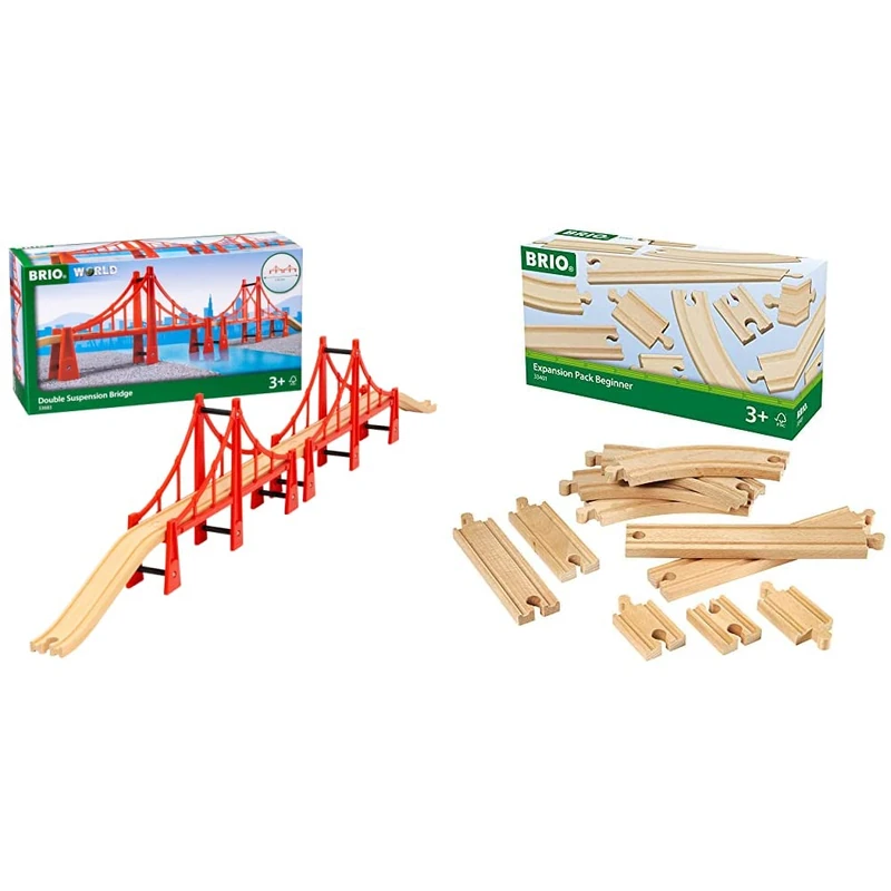 BRIO 33683 Double Suspension Train Bridge for Kids Age 3 Years Up & World Expansion Pack - Beginner Wooden Train Track for Kids Age 3 Years Up