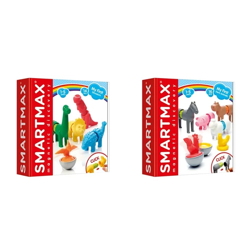 SMARTMAX - My First Dinosaurs, Magnetic Discovery Play Set, 14 pieces, 1-5 Years & - My First Farm Animals, Magnetic Discovery Play Set, 16 pieces, 1-5 Years