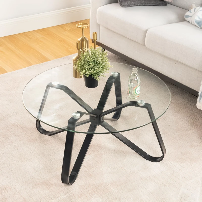 HOMYLIN Round Coffee Table Nordic Minimalist Tempered Glass Top Modern Iron Black Base Side & End Table for Home, Living Room, Patio, Garden, 80cm x 80cm x 40cm