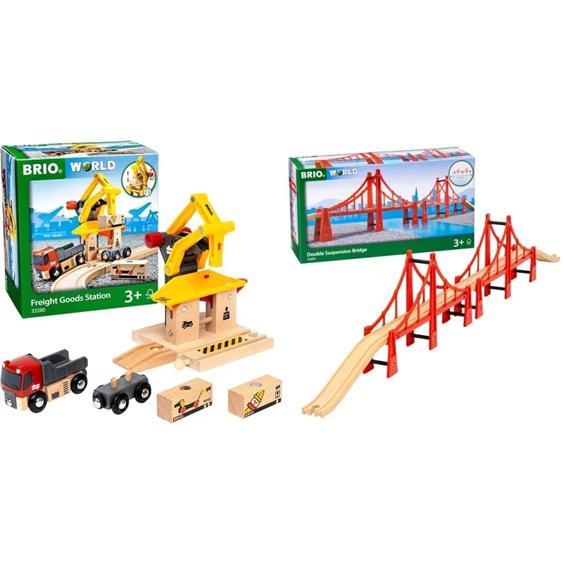 BRIO World Freight Goods Station for Kids Age 3 Years Up - Compatible With All BRIO Railway Train Sets and Accessories & 33683 Double Suspension Train Bridge for Kids Age 3 Years Up