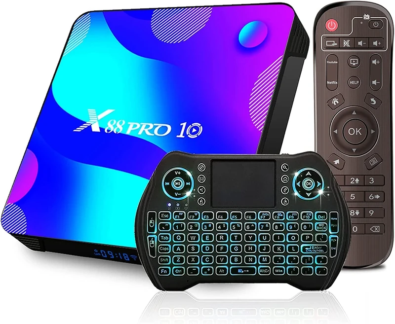 AMITVA Android TV Box 11.0,4GB RAM 128GB ROM RK3318 Quad-Core Cortex-A53 TV Box Android with Backlit 2.4Ghz Mini Wireless Keyboard Remote,4GB+32GB