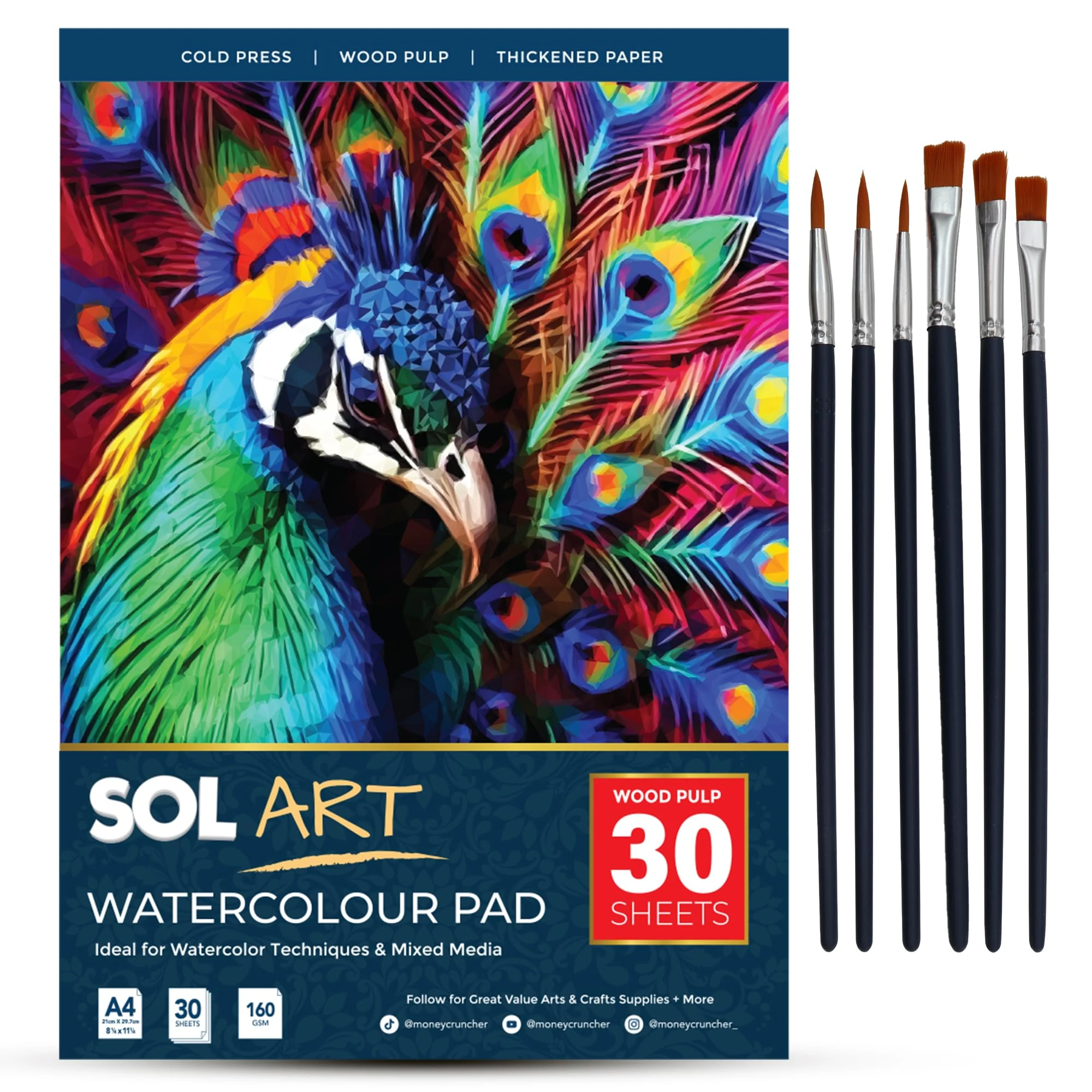 SOL 30 Sheets Watercolour Pad with 6pk Brushes, Watercolour Paper A4 Pad for Artists & Beginners, Versatile Brushes in Various Sizes - Durable Sketchbook for Painting & Art Projects for Adults