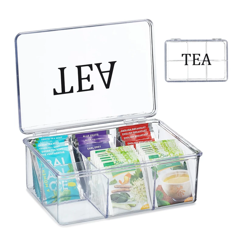 Relaxdays Tea Box, Plastic, 6 Compartments, Organiser with Lid, Caddy, 9 x 21.5 x 15 cm, Teabag Storage, Transparent