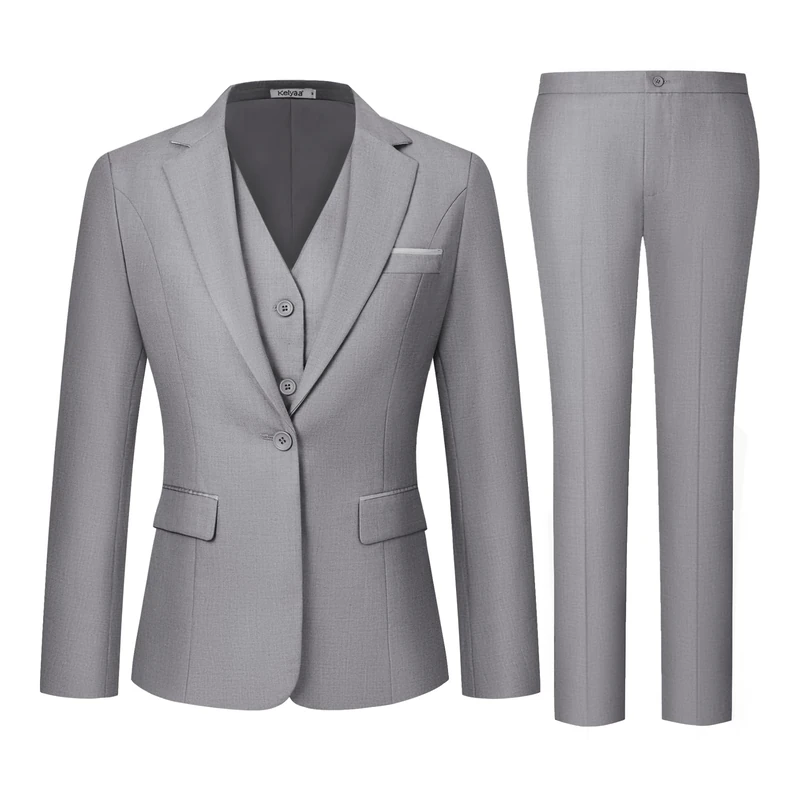 Kelyaa Women's 3 Piece Suit Lady Business Casual Office One Button Slim Fit Blazer Jacket Vest Pants Set, Light Grey, XL