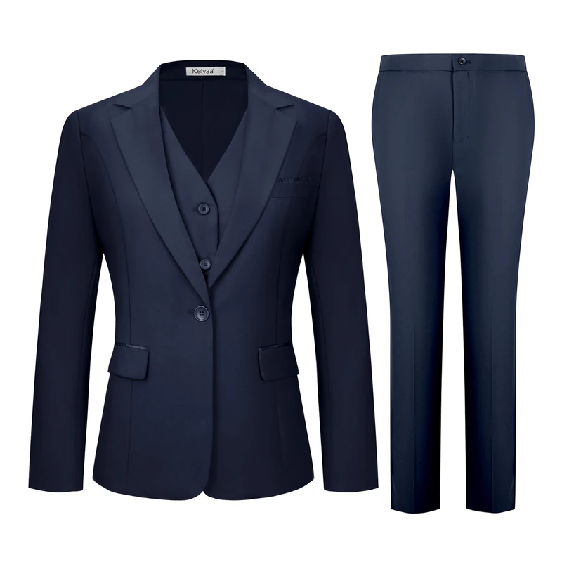 Kelyaa Women's 3 Piece Suit Lady Business Casual Office One Button Slim Fit Blazer Jacket Vest Pants Set, Navy Blue, Large